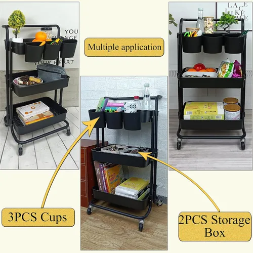 Miniatura 3 de Estante organizador de almacenamiento de 3 niveles con 3 tazas colgantes, 8 ganchos, 2 cajas de almacenamiento para el hogar, oficina, cocina, baño