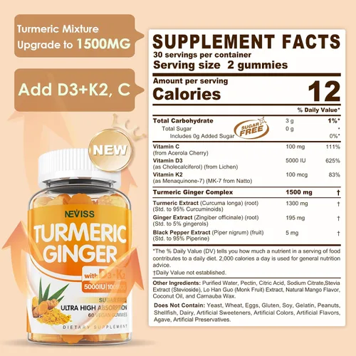 Miniatura 2 de Gomitas de Cúrcuma y Jengibre Sin Azúcar 1500mg con Vitamina D3 5000UI y K2 para Mujeres y Hombres, Gomitas de Cúrcuma y Jengibre para Adultos