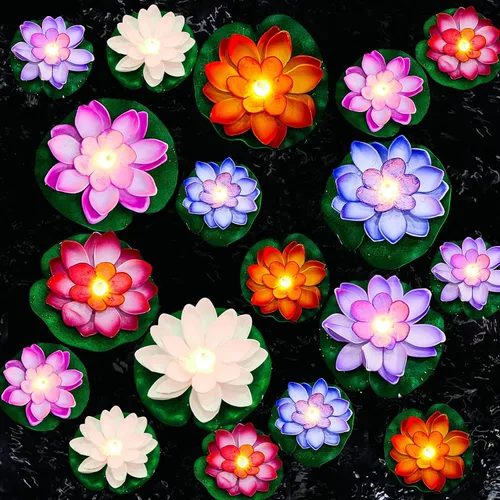 Miniatura 10 de Hortsun 9 luces flotantes de loto con pilas, almohadillas de lirio, flores de piscina, velas flotantes, decoración de plantas de estanque