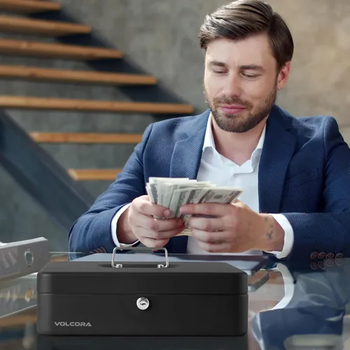 Miniatura 6 de Volcora Caja Grande de Dinero con Cerradura de Llave, Caja de Dinero de Metal para Efectivo, Caja de Seguridad con Cerradura Portátil y Bandeja