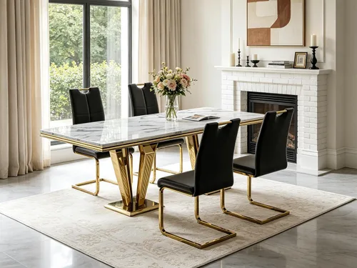 Miniatura 9 de 5 Piece Black Marble Dining Table Set for 4, Modern Faux Marble Kitchen Dining Room Tables with 4 Leather Chairs Set, 68.11" Luxury Rectangular