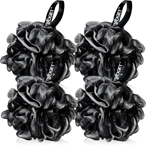 Yoget Esponja de lufa de baño, paquete de 4 unidades, color negro, 2.16 onzas, bola de malla de ducha, suave puf para el cuerpo, exfoliar, limpiar,