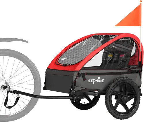 Miniatura 8 de Sepnine Remolque de bicicleta para niños, adecuado para 1 a 2 niños, 12 meses en adelante, fijación rápida a la bicicleta, plegable, con arnés de 5