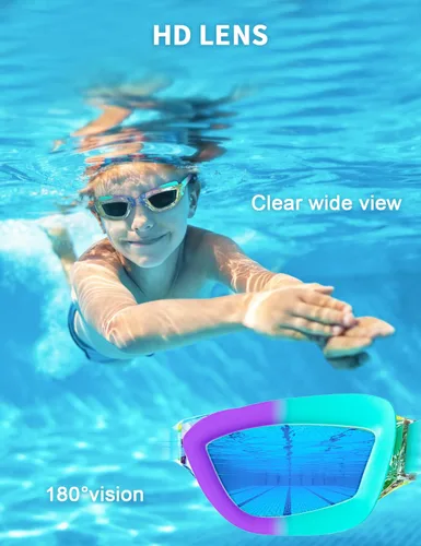 Miniatura 6 de gafas de natación para niños con pinza para la nariz, tapones para los oídos, puente de nariz para niños de 3 a 15 años Azul y púrpura