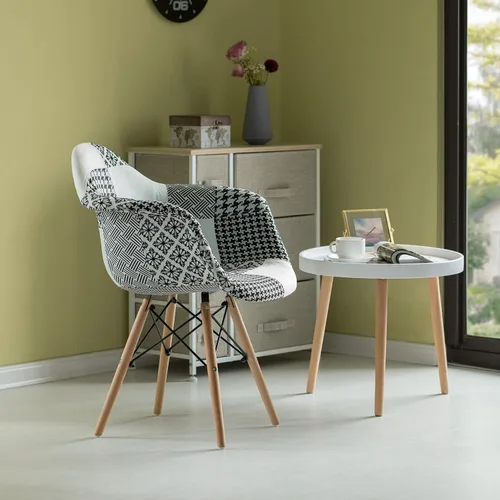 Miniatura 2 de Mid-Century - Juego de 2 sillas de tela moderna con brazos para sala de estar, patas de madera de haya, color blanco y negro
