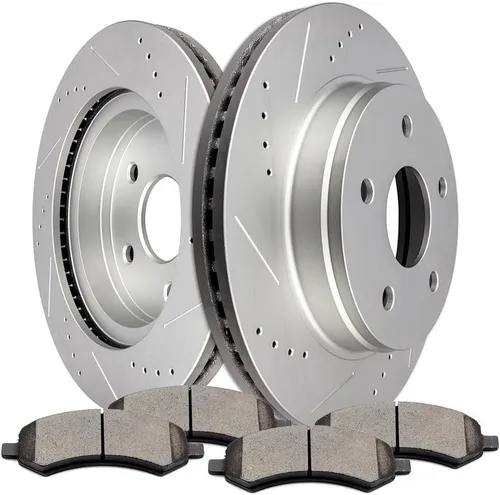 Miniatura 9 de SCITOO Rotores de disco D/S delanteros de 13.23 pulgadas y traseros de 13.86 pulgadas + pastillas de freno de cerámica de repuesto para Chrysler