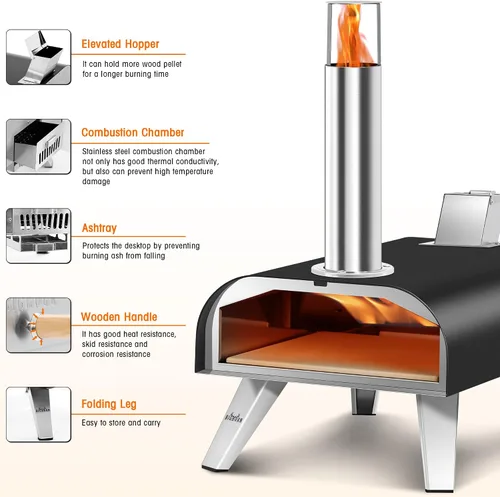 Miniatura 6 de BIG HORN OUTDOORS 12" Horno de piedra para pizza con leña, 475°C Horno para pizza al aire libre de acero inoxidable, portátil para uso en fiestas