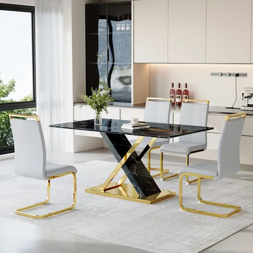 Miniatura 19 de YUNDREAM - Juego de mesa de comedor moderna de mármol para 4, mesa de comedor de oro negro de 63 pulgadas con marco cromado en forma de X y sillas