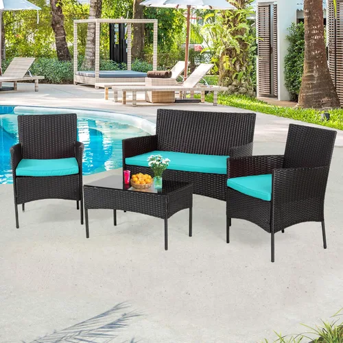 Miniatura 2 de Juego de 4 muebles modulares para exteriores, juego de muebles de mimbre resistentes al agua con 3 sillas de ratán, 1 cojín de mesa con tapa