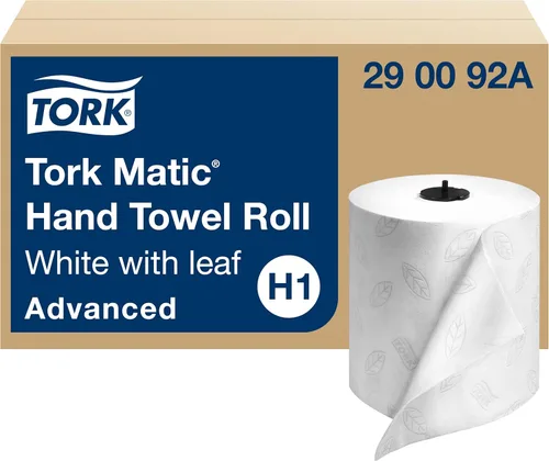 Tork Matic - Rollo de toalla de mano, color blanco con hoja gris, avanzada, H1, 100% fibra reciclada, alta absorción, capacidad media, 2 capas, 6