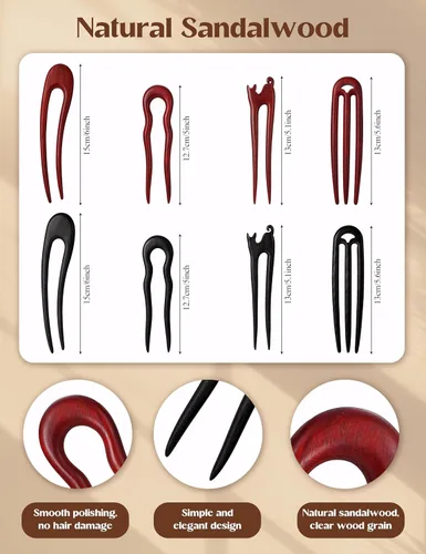 Miniatura 2 de 4 palillos de madera para moños, horquillas francesas para mujer, hechas a mano, sándalo, horquilla de madera en forma de U, palillos de madera