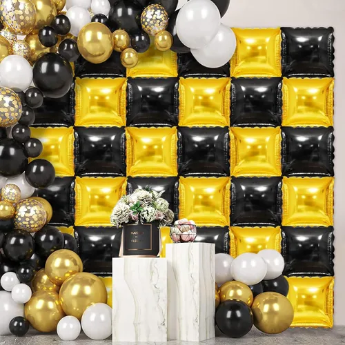 Miniatura 2 de 36 piezas XL negro y dorado de doble cara cuadrada para globos, kit de arco de túnel, globos cuadrados de Mylar para baby shower, graduación