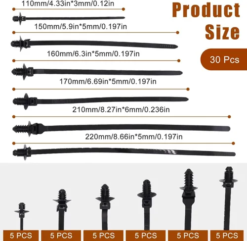 Miniatura 2 de 30 bridas de nailon para montaje a presión, ataduras de cables resistentes color negro con pasador de presión, cremalleras de abeto, diseño