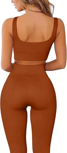 Miniatura 2 de Conjuntos de yoga acanalados para mujer, conjuntos de gimnasio de 2 piezas, cintura alta, sin costuras, de longitud completa, con cuello cuadrado