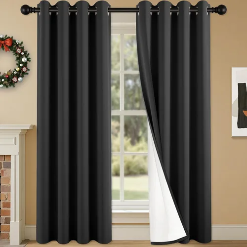 Miniatura 39 de 2 paneles de cortinas 100% opacas, cortinas ligeras con aislamiento térmico con ojales para dormitorio, sala de estar, tratamiento de ventana