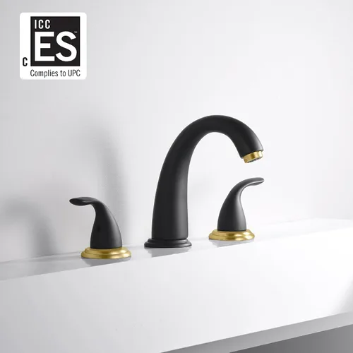 Miniatura 3 de SUMERAIN Grifo de bañera romana de dos manijas de amplio alcance con válvula, acabado en negro y dorado