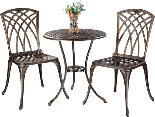 Bistro - Juego de muebles de patio de aluminio fundido de 3 piezas, 2 sillas y 1 mesa redonda con agujero para sombrilla para exteriores, patio,
