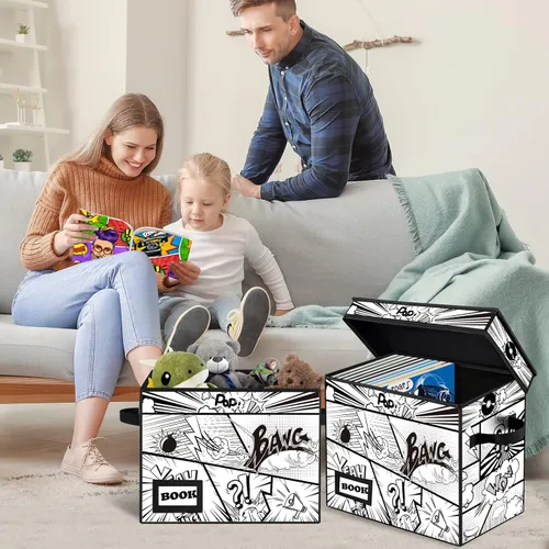 Miniatura 6 de Paquete de 2 cajas de almacenamiento para cómics, colección de 40 cm x 20 cm x 30 cm, plegable, contenedor organizador para 160-180 cómics, estante