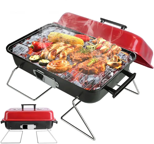 TeqHome Parrilla de carbón portátil con tapa, parrilla de barbacoa de mesa mejorada para exteriores, parrilla plegable para cocinar al aire libre,