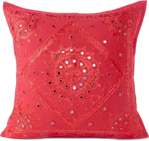 Miniatura 14 de Funda de cojín decorativa bohemia bordada con espejos, hecha a mano para sofá, dormitorio, sala de estar (negro, 16 x 16 pulgadas)