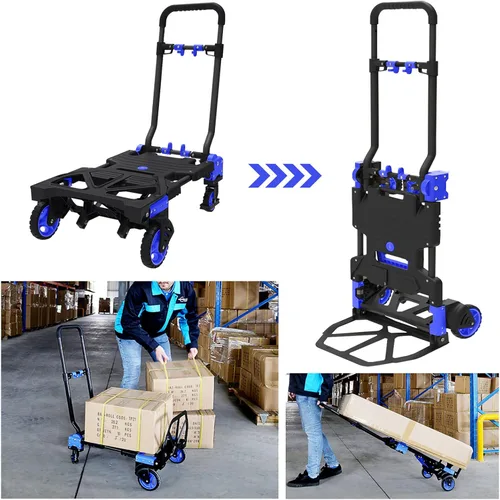 Miniatura 6 de Carretilla de Mano Plegable de Servicio Pesado con Capacidad de Carga de 330 Libras, Carrito Convertible con Mango Retráctil y 4 Ruedas de Goma, Azul