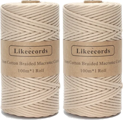 Likeecords - Cordón trenzado de macramé de 3 mm x 100 m, 100% algodón para manualidades y proyectos de bricolaje (albaricoque)