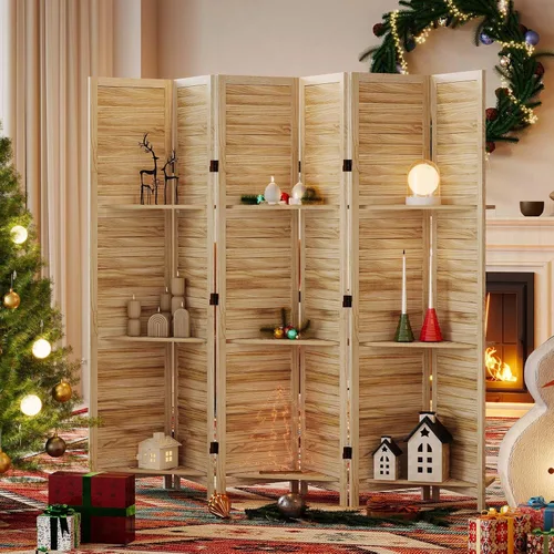 Miniatura 8 de Divisores de habitación, pantalla plegable de privacidad de madera de 67 x 51 pulgadas con tres estantes de exhibición, adecuado para oficina