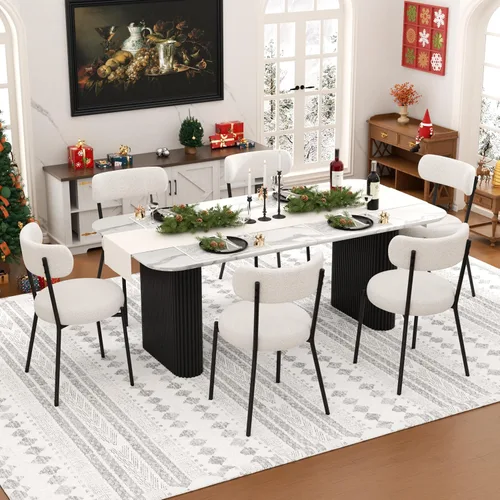 Miniatura 11 de Juego de mesa de comedor ovalada negra moderna de 70.9 pulgadas para 4, mesa de cocina rectangular estilo crema con sillas negras Boucle, juego