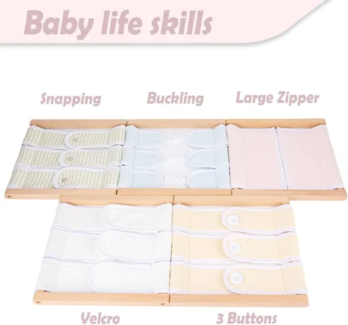 Miniatura 7 de Montessori - Juguetes de madera para vestirse, tablero de aprendizaje, habilidades básicas de vestirse, botones, broches, cremalleras, hebillas