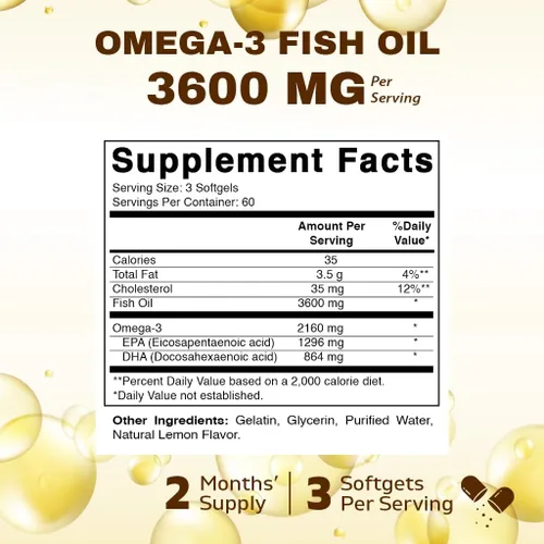 Miniatura 2 de Vitamatic Aceite de pescado Omega 3 de triple fuerza, 3600 mg por porción, 2160 mg de ácidos grasos Omega 3, 1296 mg de EPA + 864 mg de DHA, sabor a
