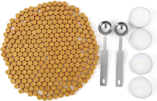 Yoption 300 cuentas de cera octágono con 4 velas y 2 cucharas de fusión para sello de cera (dorado)