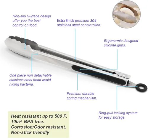 Miniatura 5 de Pinzas de cocina de acero inoxidable 304, juego de 2 pinzas resistentes de 9 y 12 pulgadas para asar a la parrilla, con bloqueo cepillado y agarre