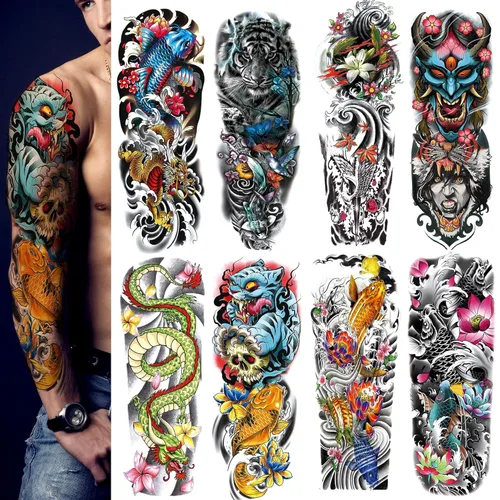 Tatuajes temporales de manga completa, 8 hojas de tatuajes temporales de manga temporal de pez dragón y tigre para hombres y mujeres, impermeables,