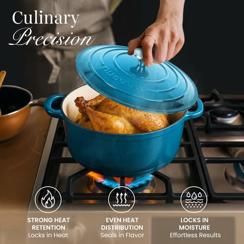 Miniatura 7 de Nuovva Olla holandesa de hierro fundido esmaltado con tapa, cacerola antiadherente de 6.4 cuartos de galón, resistente y apta para horno hasta 500 °