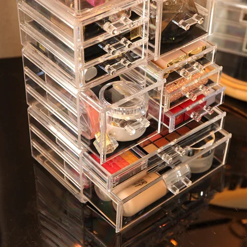 Miniatura 5 de Cq Acrylic Paquete de 4 organizadores de maquillaje transparentes, apilables con 10 cajones para tocador, joyas, pinzas para el cabello, productos