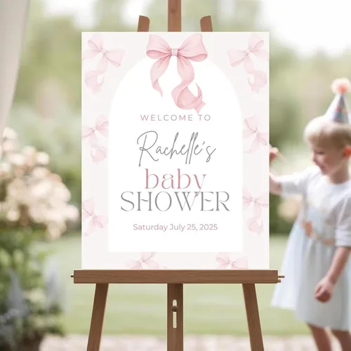 Miniatura 28 de Letrero de bienvenida personalizado con lazo rosa, editable imprimible para fiesta de bebé, letrero de baby shower con lazo rosa #12 Baby Shower #12