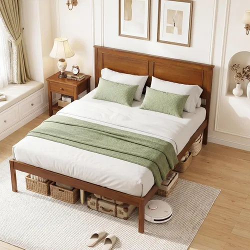 Miniatura 10 de Giantex Marco de cama de madera individual con cabecero, plataforma moderna de mediados de siglo con soporte de listones de madera, base de colchón