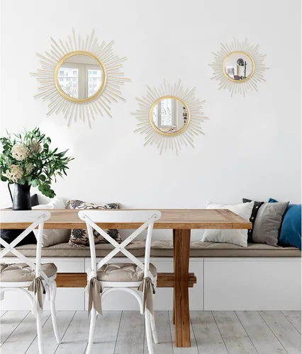 Miniatura 6 de Espejos Dorados para Pared Sunburst Decoración Arte Espejo Bohemio Hogar Redondo Moderno Espejo de Metal para Dormitorio Sala de Estar Pasillo Baño