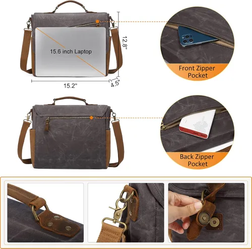 Miniatura 4 de LOVEVOOK Bolso bandolera para hombre de cuero auténtico impermeable de lona retro de 156 pulgadas para laptop para el trabajo la escuela los viajes