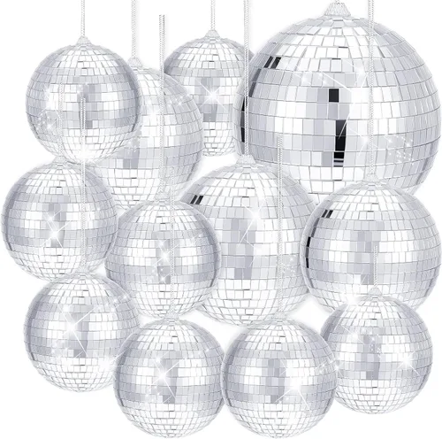 Miniatura 8 de WILLBOND 12 paquetes de bola de espejo de discoteca con anillo colgante para divertidas decoraciones de fiesta retro de discoteca, efecto de Rosa