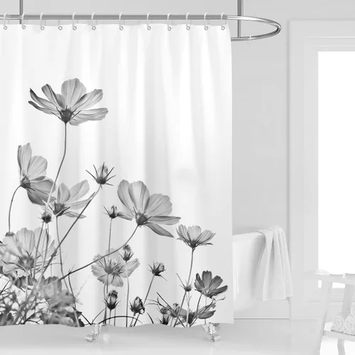 Miniatura 34 de Cortina de ducha de 72" x 72" con flores grises y rosas, gris y blanco, flores silvestres, margaritas, plantas, pintura de tinta, botánica