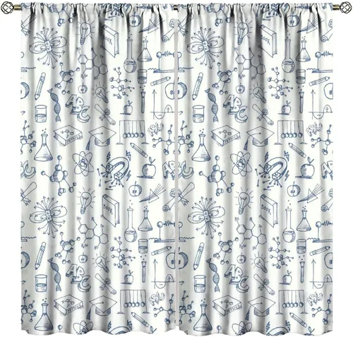Miniatura 17 de Cortinas opacas para ventanas de ciencia para niños, lupa de libro de laboratorio de ciencia, lupa, frascos moleculares, cortinas impresas