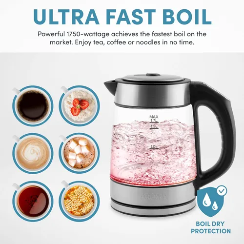 Miniatura 2 de AROMA® Hervidor de agua de vidrio digital profesional de 1.7L/7 tazas (AWK-170D)