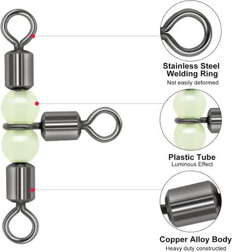 Miniatura 4 de Goture Fishing Swivels, 3 Way Swivels Fishing Tackle, T Shape Cross Line Rolling Swivels with Luminous Beads Saltwater Freshwater,Three Way Fishing