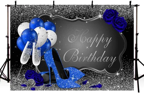 Miniatura 3 de MEHOFOND Telón de fondo de cumpleaños plateado y azul con purpurina para mujer, decoración de fiesta de cumpleaños, pancarta de tacón azul real