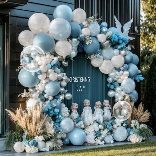 Miniatura 2 de Guirnalda de globos azul empolvado y blancos, kit de arco de globos Bobo de perlas azul claro con doble relleno para cumpleaños, baby shower, boda