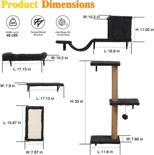 Miniatura 3 de Estantes de pared 5 en 1 para gatos de interior, muebles de gato montados en la pared con cama, cueva, poste rascador y perca, pared de escalada