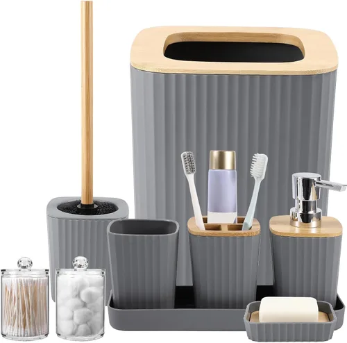 Miniatura 39 de XLHOMO - Juego de baño beige de plástico de 9 piezas, con basurero, dispensador de jabón, portacepillos de dientes, vaso, jabonera, cepillo
