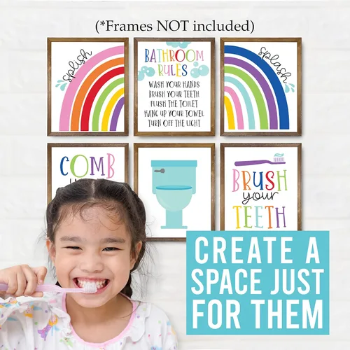 Miniatura 9 de Hadley Designs 6 impresiones artísticas reversibles para niños y niñas, arte de pared de 8 x 10 pulgadas, decoración de baño para niños, decoración
