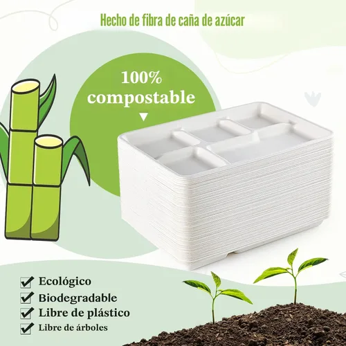 Miniatura 4 de ECOLipak Platos de 5 compartimentos 100% compostables, paquete de 100 platos de papel desechables con compartimentos, platos biodegradables de caña